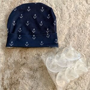 Baby Navy Anchor Soft Infant Cap + 6-Pack EvenFlo Pacifiers